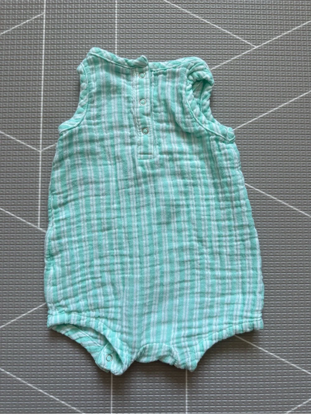 Old Navy|Baby girl teal checkered sleeveless Romper with Smiling Flower/Tulip•••